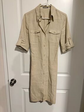 STRENESSE Beige Button-Front Midi Linen Dress